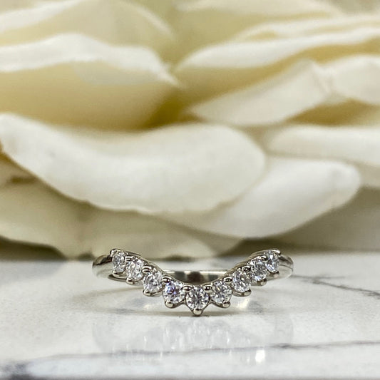 Curved Moissanite Wedding Band, Ladies Universal Matching Moissanite Band, 14k White Gold Delicate Diamond Curved Wedding Ring For Her #7116