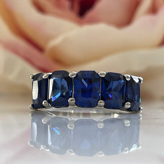 Blue Sapphire Wedding Band Radiant Cut 5 Stone Wide Gold Band 14K White Gold, Ladies Sapphire Wedding Ring, September Birthstone Ring