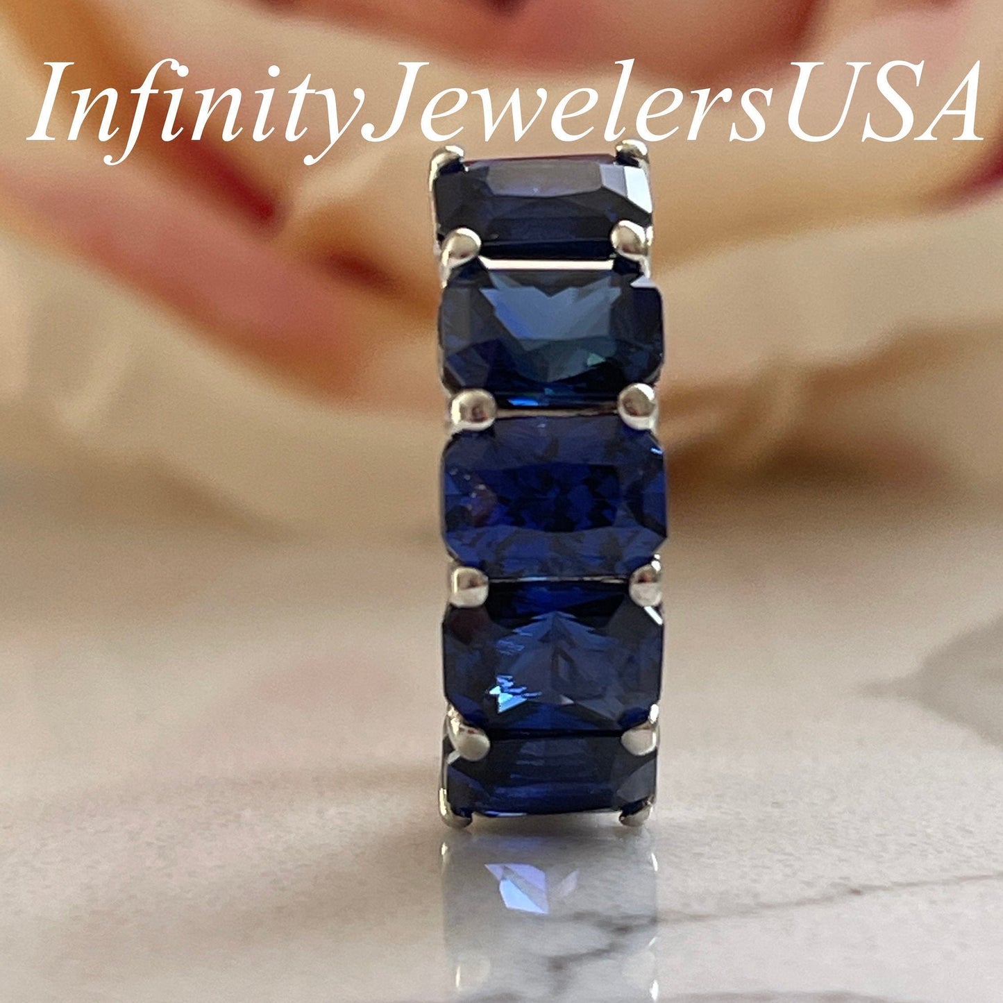 Blue Sapphire Wedding Band Radiant Cut 5 Stone Wide Gold Band 14K White Gold, Ladies Sapphire Wedding Ring, September Birthstone Ring