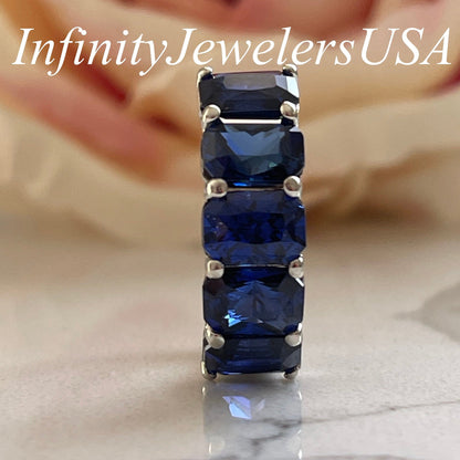 Blue Sapphire Wedding Band Radiant Cut 5 Stone Wide Gold Band 14K White Gold, Ladies Sapphire Wedding Ring, September Birthstone Ring