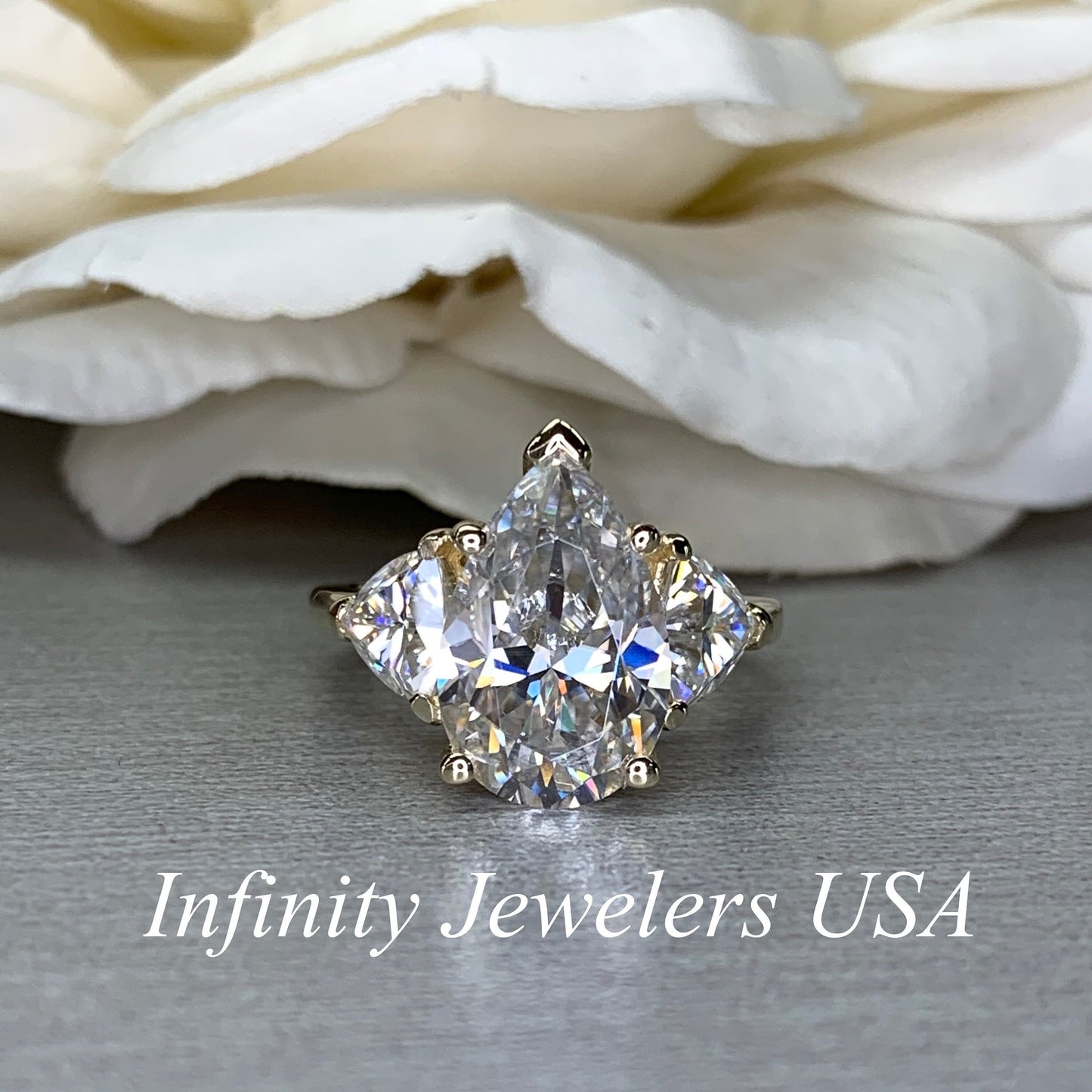 Moissanite Pear Shape Engagement Ring With Trillion Accents, Moissanite Pear Shape Wedding Ring, 14k Yellow Gold Three Stone Ring      #7118