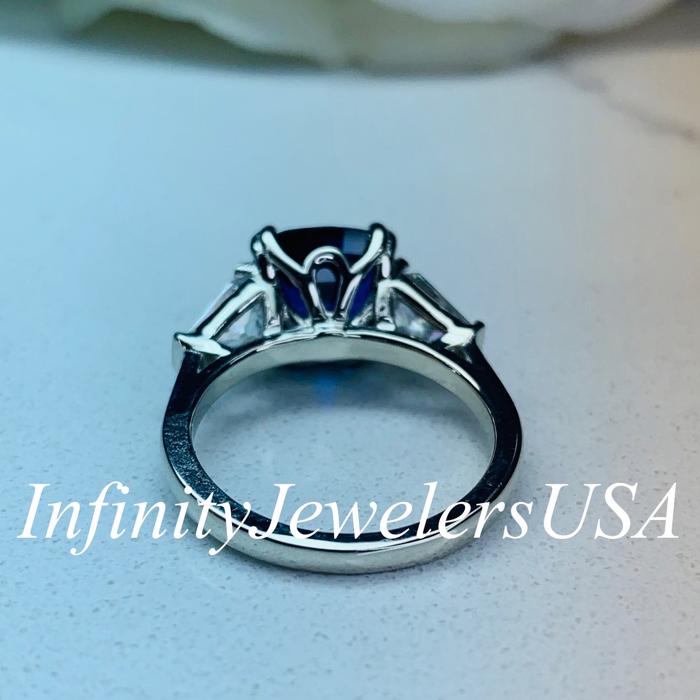 Cushion Cut Blue Sapphire And Moissanite Engagement Ring, 14k White Gold Three Stone Ladies Cushion Cut And Trapezoid Wedding Ring   #7125