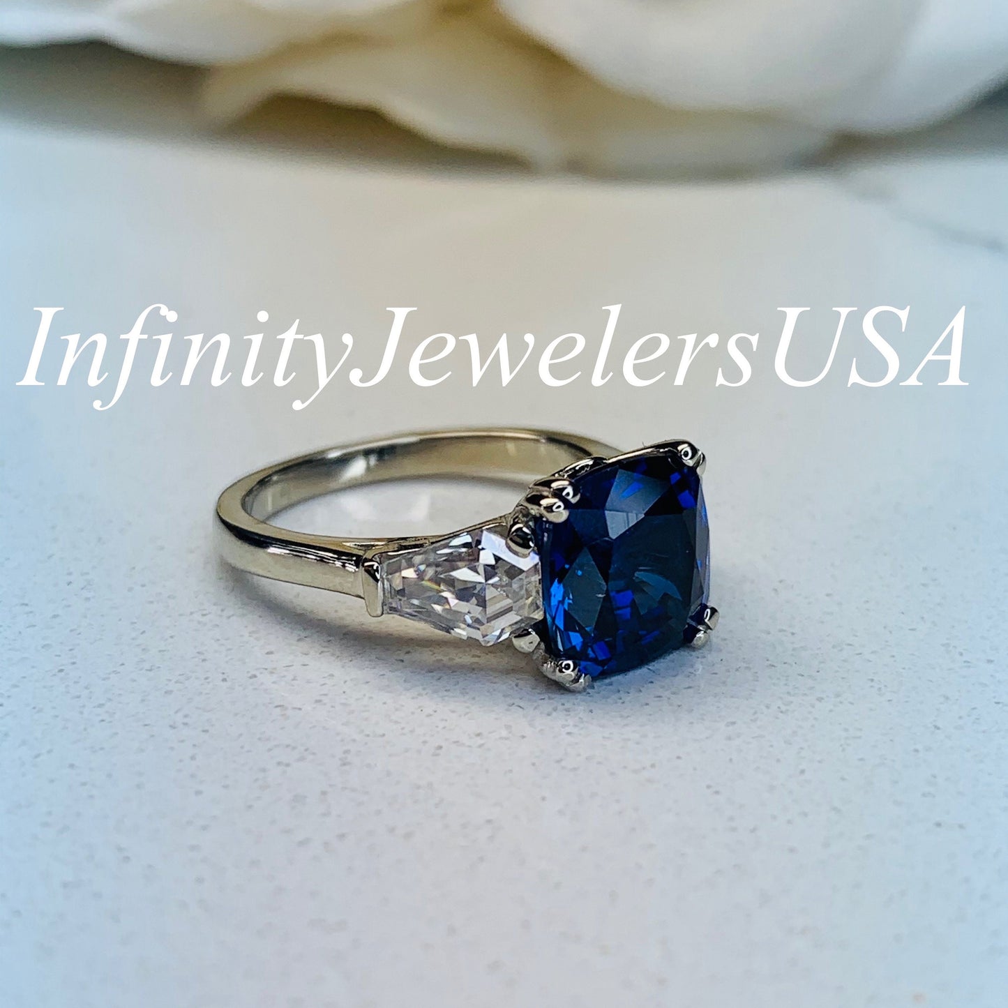 Cushion Cut Blue Sapphire And Moissanite Engagement Ring, 14k White Gold Three Stone Ladies Cushion Cut And Trapezoid Wedding Ring   #7125