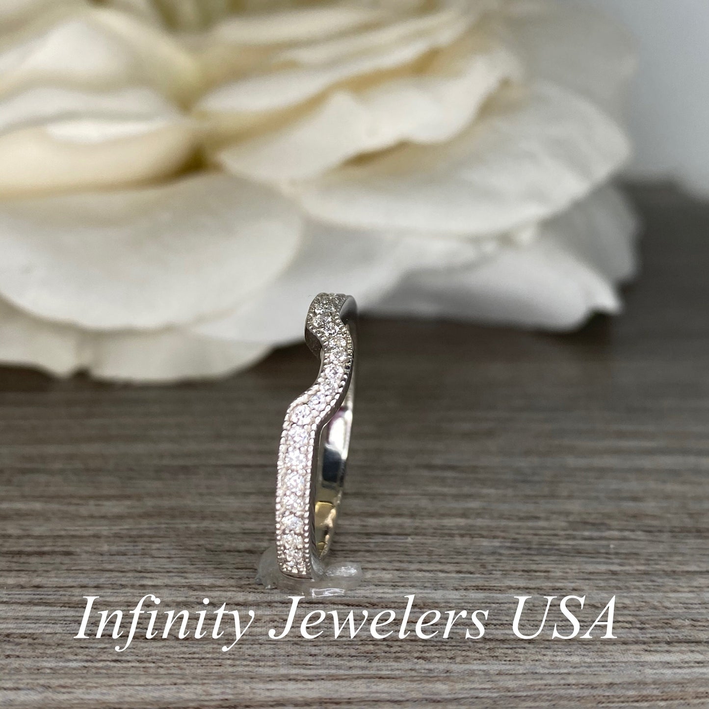 Diamond pave wedding band  with delicate vintage beaded edge design  14k white gold  #5279