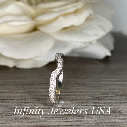 Diamond pave wedding band  with delicate vintage beaded edge design  14k white gold  #5279