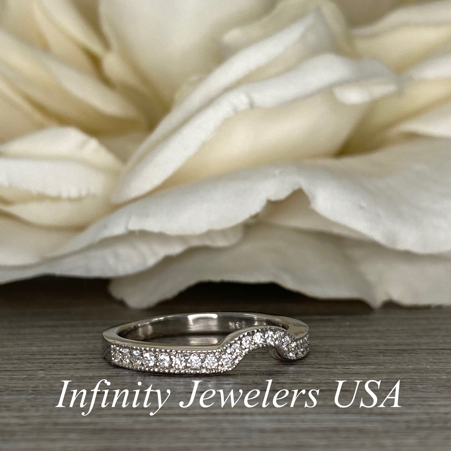 Diamond pave wedding band  with delicate vintage beaded edge design  14k white gold  #5279