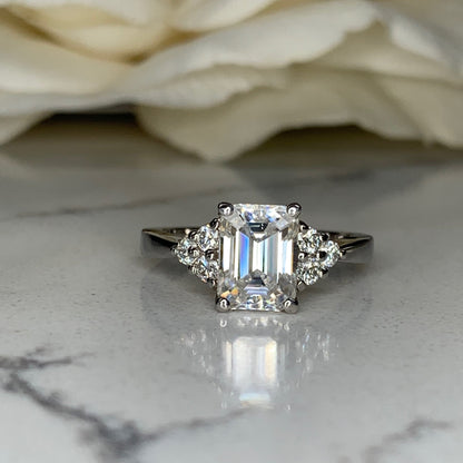 Emerald Cut, Moissanite engagement ring set vintage unique white gold curved band engagement ring women wedding Bridal Promise ring #7103