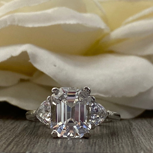 Emerald Cut Moissanite Engagement Ring, Three Stone Moissanite Ring, Moissaite Wedding Ring, Anniversary Ring, 14k Gold Ring,  #5649