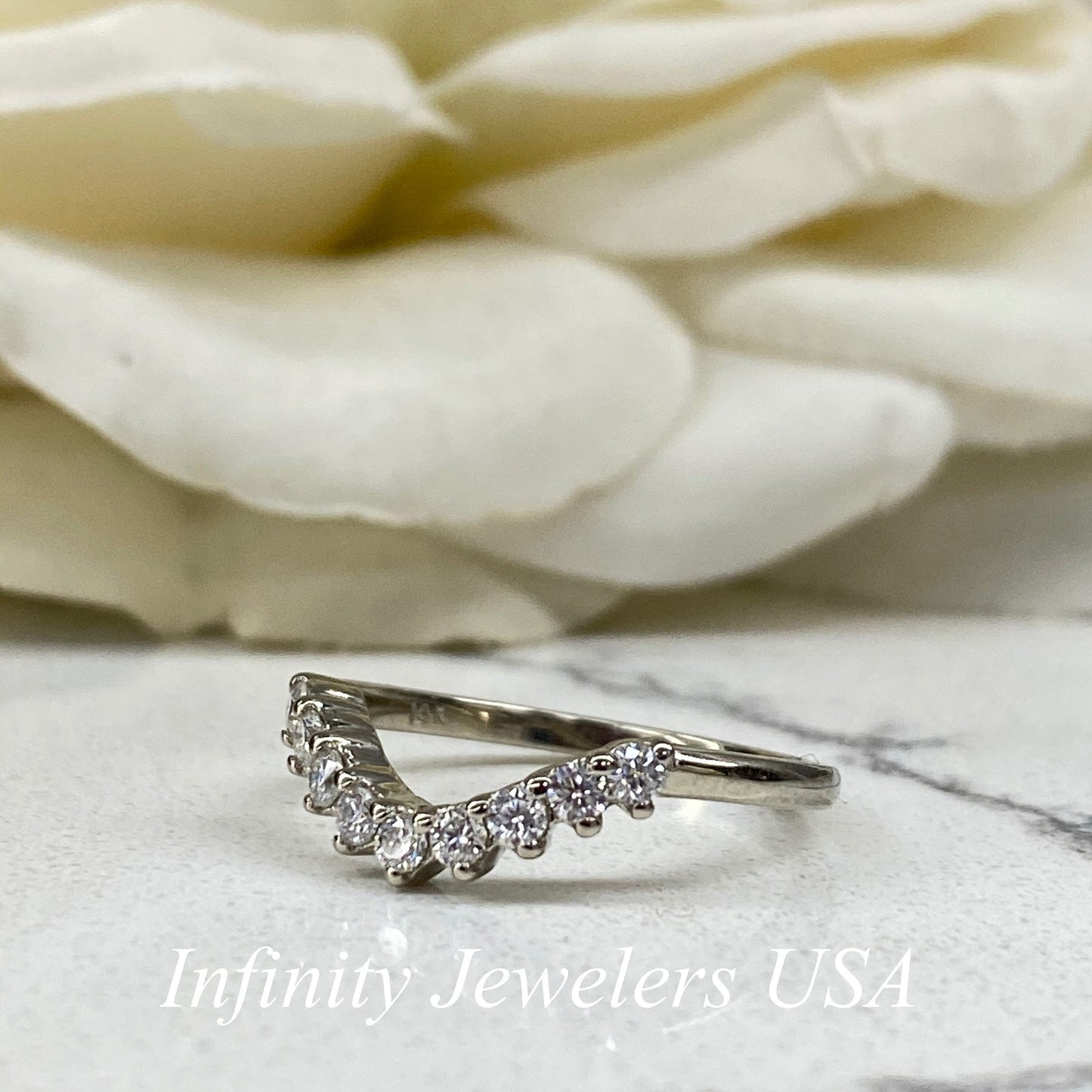 Curved Moissanite Wedding Band, Ladies Universal Matching Moissanite Band, 14k White Gold Delicate Diamond Curved Wedding Ring For Her #7116