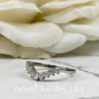 Curved Moissanite Wedding Band, Ladies Universal Matching Moissanite Band, 14k White Gold Delicate Diamond Curved Wedding Ring For Her #7116