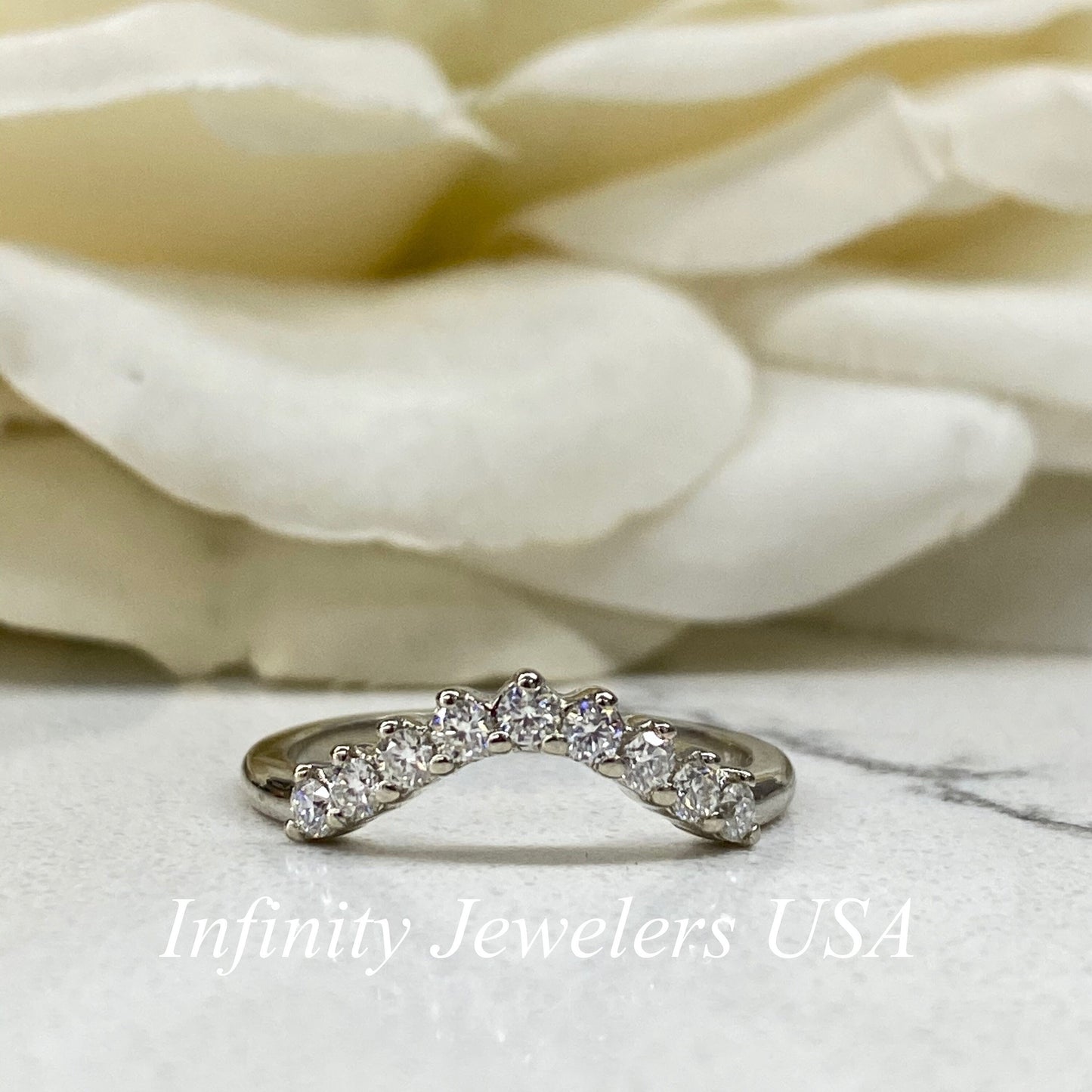 Curved Moissanite Wedding Band, Ladies Universal Matching Moissanite Band, 14k White Gold Delicate Diamond Curved Wedding Ring For Her #7116