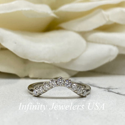 Curved Moissanite Wedding Band, Ladies Universal Matching Moissanite Band, 14k White Gold Delicate Diamond Curved Wedding Ring For Her #7116