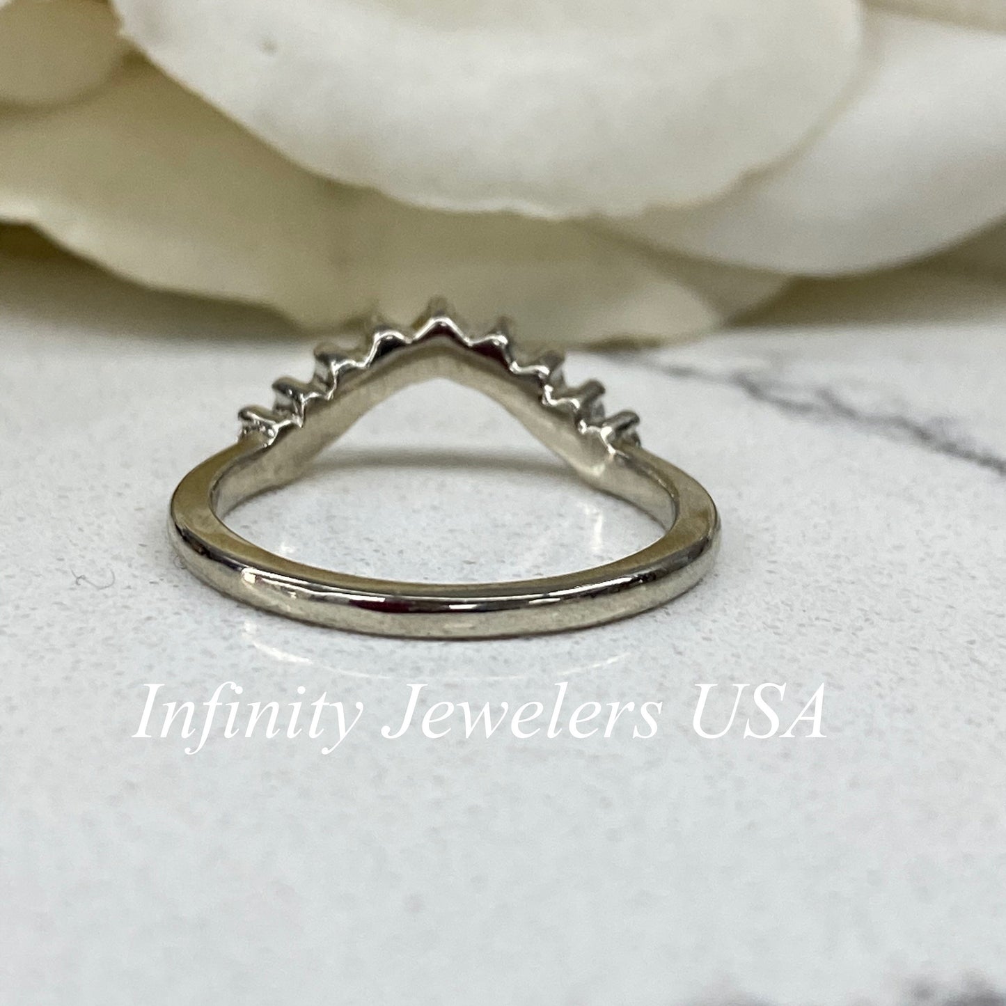 Curved Moissanite Wedding Band, Ladies Universal Matching Moissanite Band, 14k White Gold Delicate Diamond Curved Wedding Ring For Her #7116