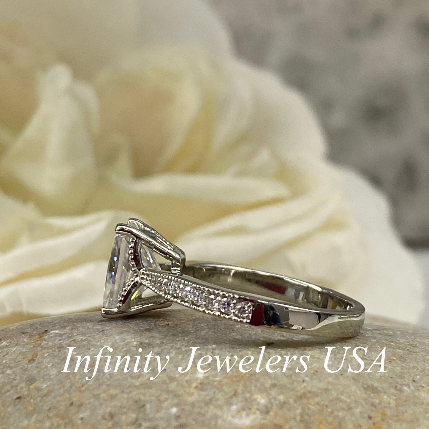 Moissanite Engagement Ring Solitaire Radiant Cut With Diamond Accents, Vintage Style Ladies Moissanite Wedding Ring In 14K White Gold  #6680