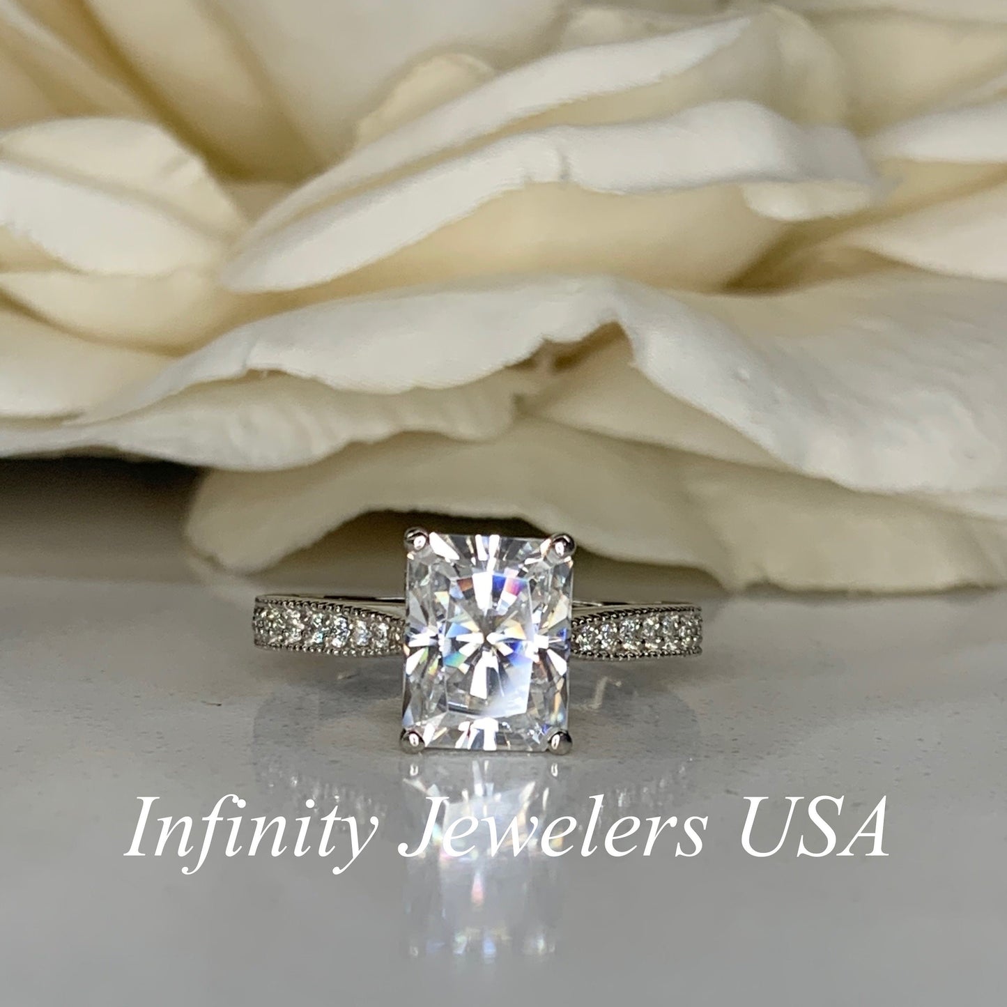 Moissanite Engagement Ring Solitaire Radiant Cut With Diamond Accents, Vintage Style Ladies Moissanite Wedding Ring In 14K White Gold  #6680