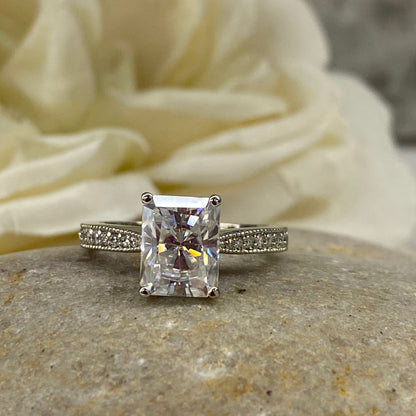 Moissanite Engagement Ring Solitaire Radiant Cut With Diamond Accents, Vintage Style Ladies Moissanite Wedding Ring In 14K White Gold  #6680