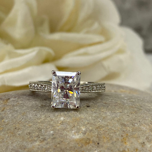 Moissanite Engagement Ring Solitaire Radiant Cut With Diamond Accents, Vintage Style Ladies Moissanite Wedding Ring In 14K White Gold  #6680