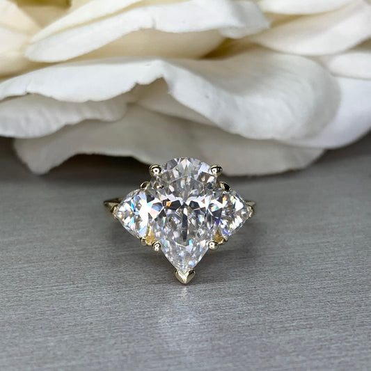 Moissanite Pear Shape Engagement Ring With Trillion Accents, Moissanite Pear Shape Wedding Ring, 14k Yellow Gold Three Stone Ring      #7118