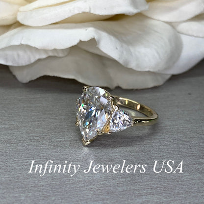 Moissanite Pear Shape Engagement Ring With Trillion Accents, Moissanite Pear Shape Wedding Ring, 14k Yellow Gold Three Stone Ring      #7118