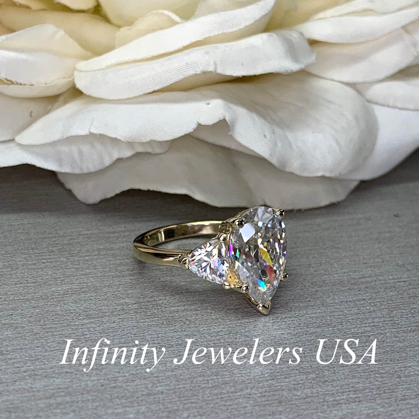 Moissanite Pear Shape Engagement Ring With Trillion Accents, Moissanite Pear Shape Wedding Ring, 14k Yellow Gold Three Stone Ring      #7118