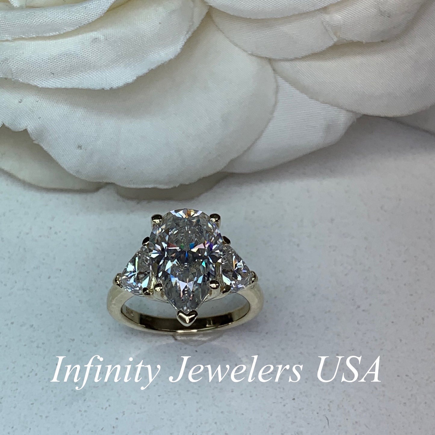 Moissanite Pear Shape Engagement Ring With Trillion Accents, Moissanite Pear Shape Wedding Ring, 14k Yellow Gold Three Stone Ring      #7118