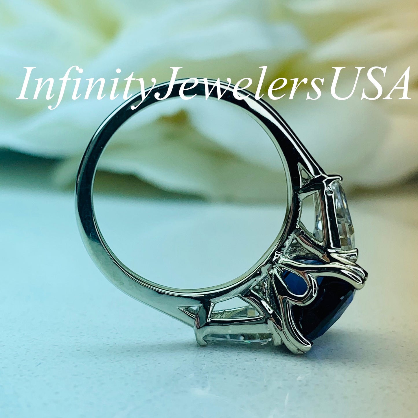 Cushion Cut Blue Sapphire And Moissanite Engagement Ring, 14k White Gold Three Stone Ladies Cushion Cut And Trapezoid Wedding Ring   #7125