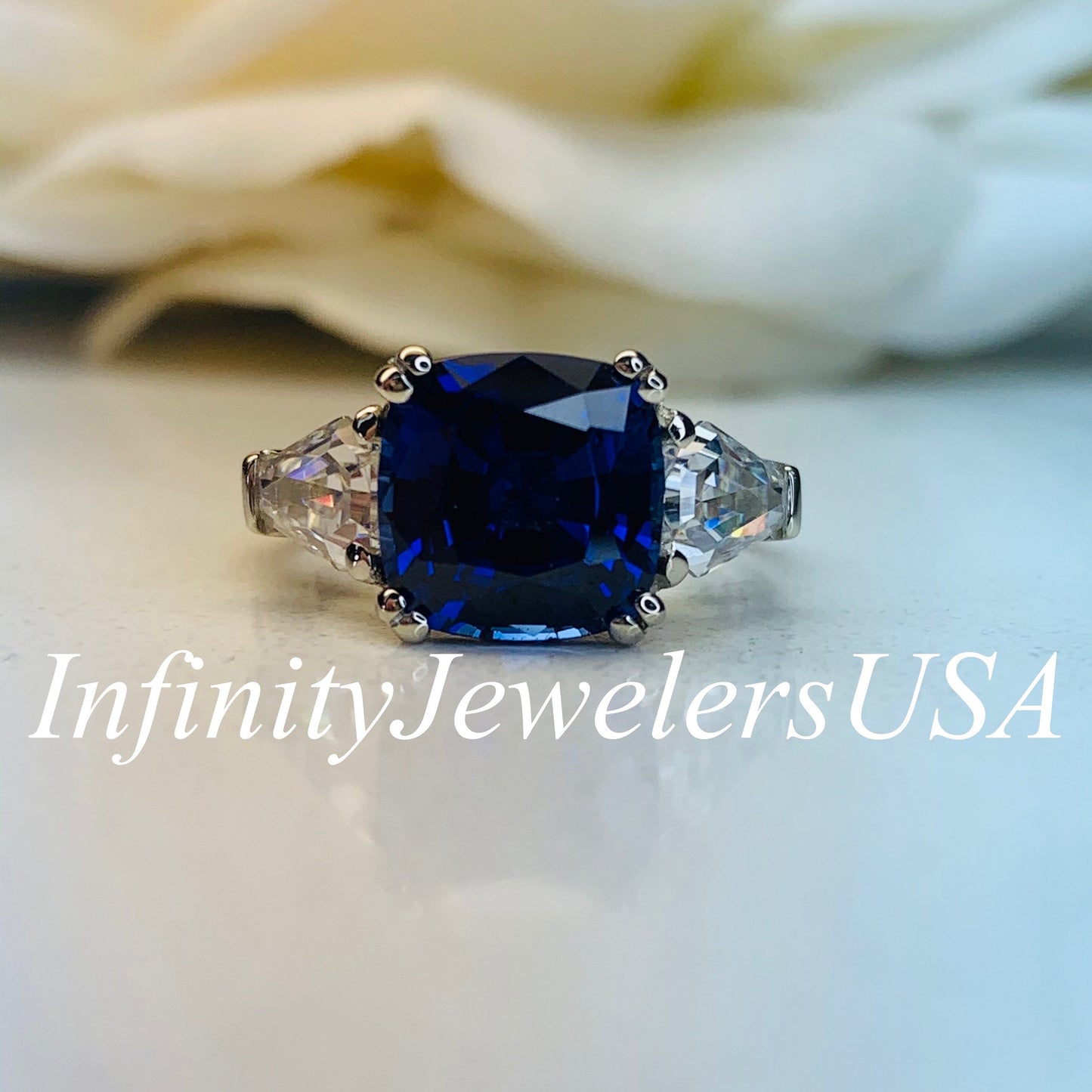 Cushion Cut Blue Sapphire And Moissanite Engagement Ring, 14k White Gold Three Stone Ladies Cushion Cut And Trapezoid Wedding Ring   #7125