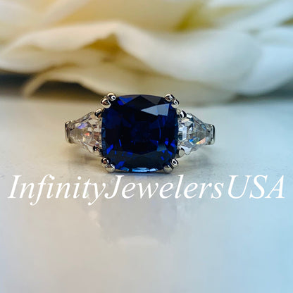 Cushion Cut Blue Sapphire And Moissanite Engagement Ring, 14k White Gold Three Stone Ladies Cushion Cut And Trapezoid Wedding Ring   #7125