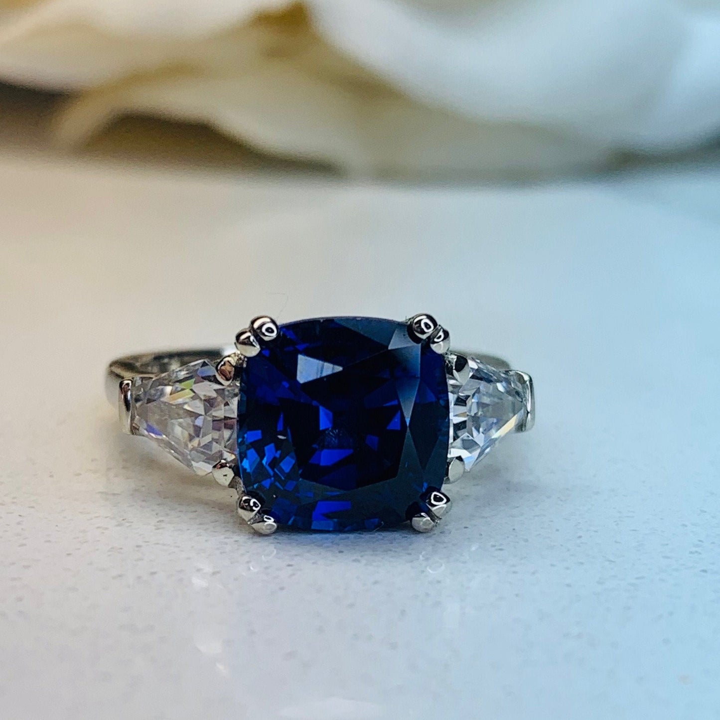 Cushion Cut Blue Sapphire And Moissanite Engagement Ring, 14k White Gold Three Stone Ladies Cushion Cut And Trapezoid Wedding Ring   #7125