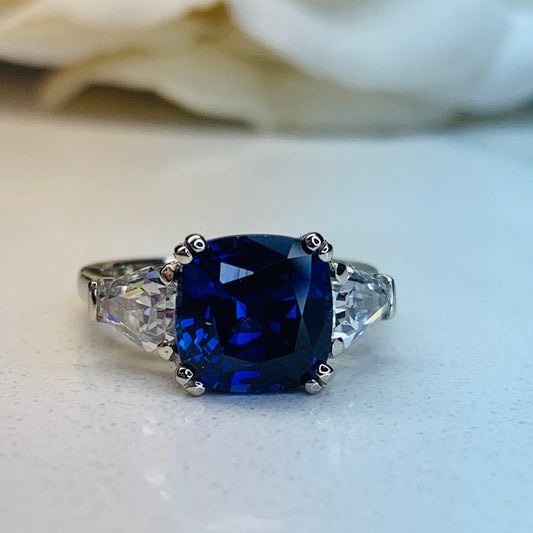 Cushion Cut Blue Sapphire And Moissanite Engagement Ring, 14k White Gold Three Stone Ladies Cushion Cut And Trapezoid Wedding Ring   #7125
