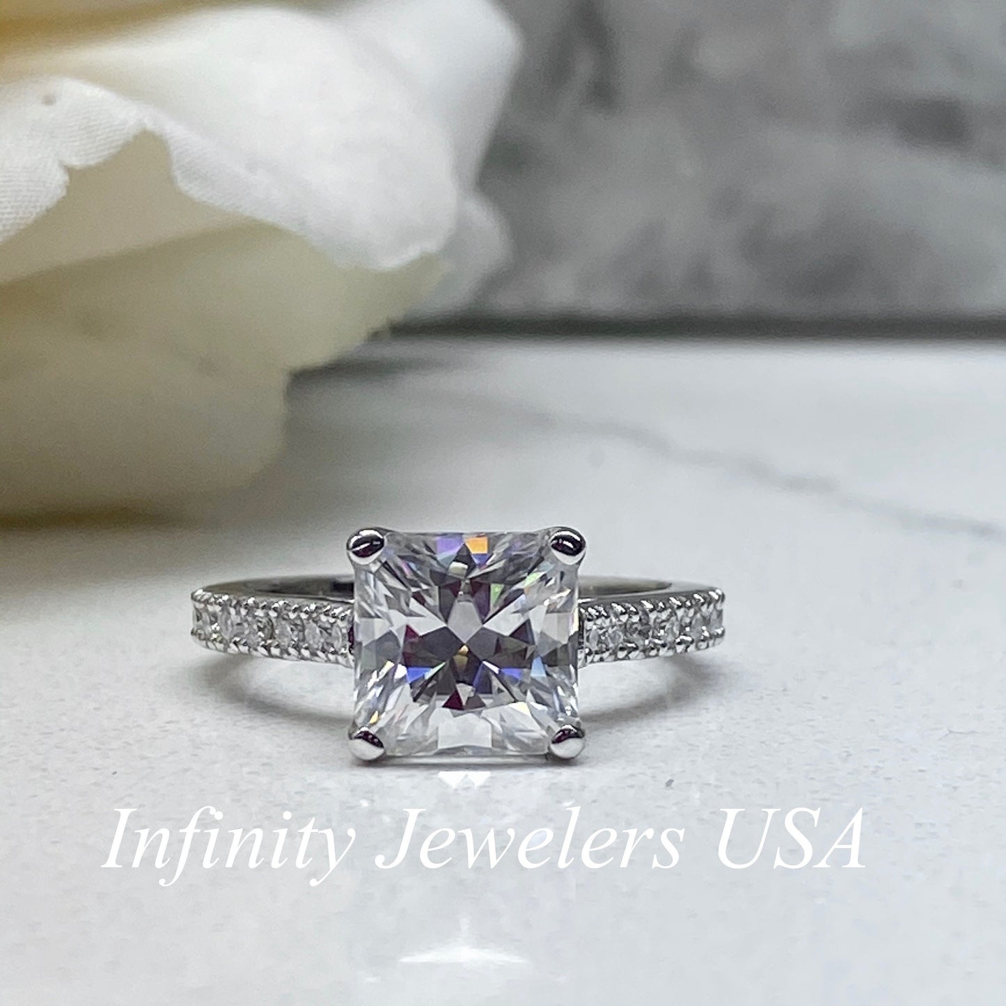 Radiant Cut Moissanite Engagement Ring, Ladies 14k White Gold Radiant Cut And Round Moissanite Wedding Ring, Round Cluster Moissanites #7130
