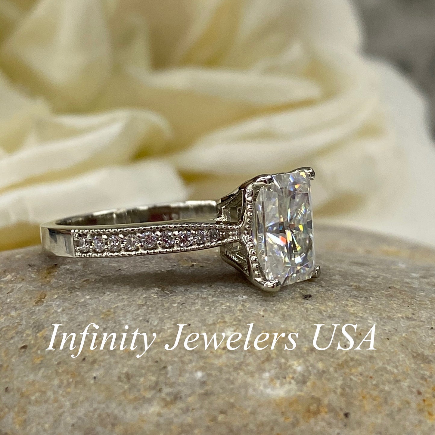 Moissanite Engagement Ring Solitaire Radiant Cut With Diamond Accents, Vintage Style Ladies Moissanite Wedding Ring In 14K White Gold  #6680