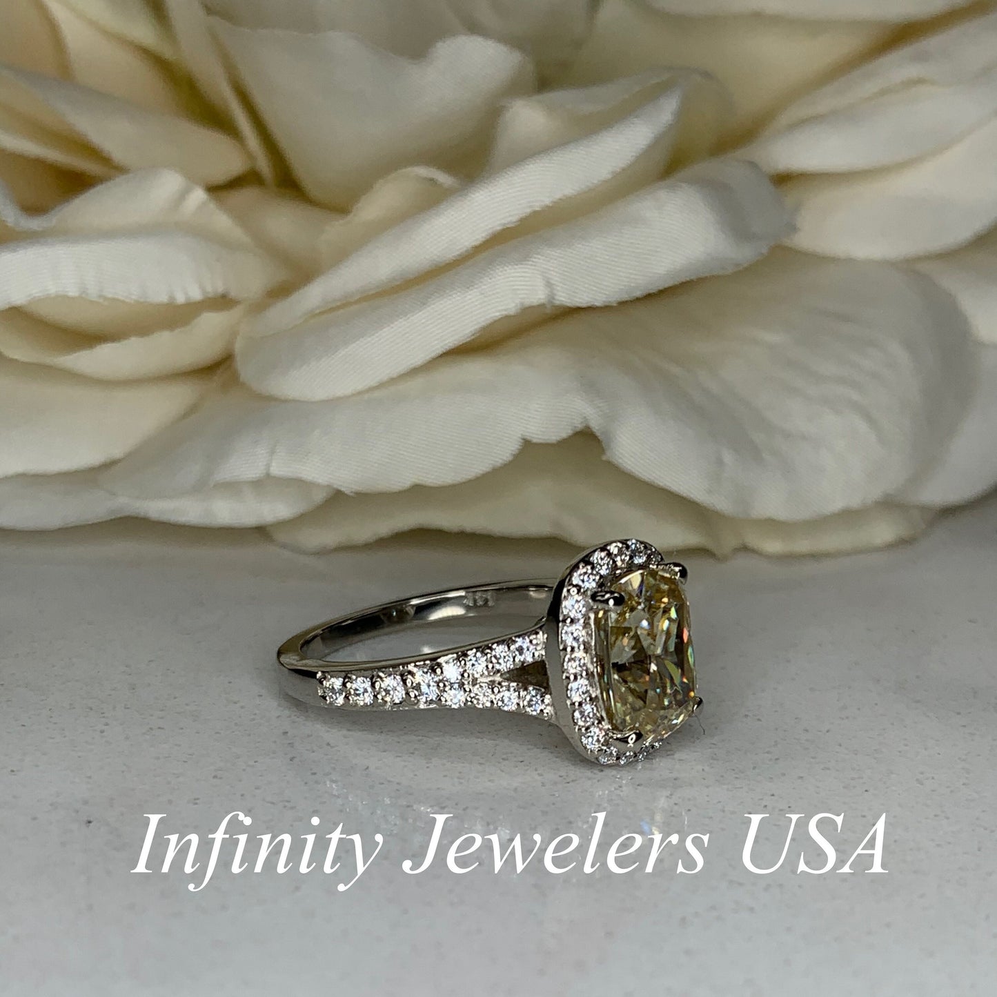 Cushion Cut Yellow Moissanite Halo Engagement Ring, 14k White Gold Elongated Cushion Cut Moissanite Wedding Ring, Moissanite Halo Ring #7133