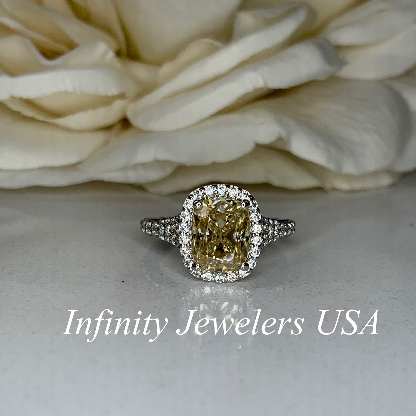 Cushion Cut Yellow Moissanite Halo Engagement Ring, 14k White Gold Elongated Cushion Cut Moissanite Wedding Ring, Moissanite Halo Ring #7133