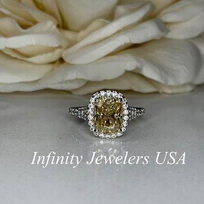 Cushion Cut Yellow Moissanite Halo Engagement Ring, 14k White Gold Elongated Cushion Cut Moissanite Wedding Ring, Moissanite Halo Ring #7133