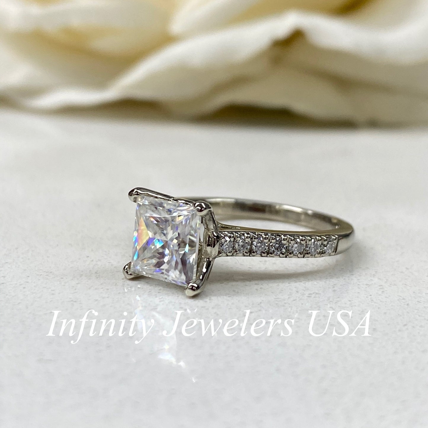 Moissanite Engagement Ring Princess Cut 14K Solid White Gold, Simple Moissanite Engagement Ring For Ladies Solitaire Princess Cut Ring, 7135