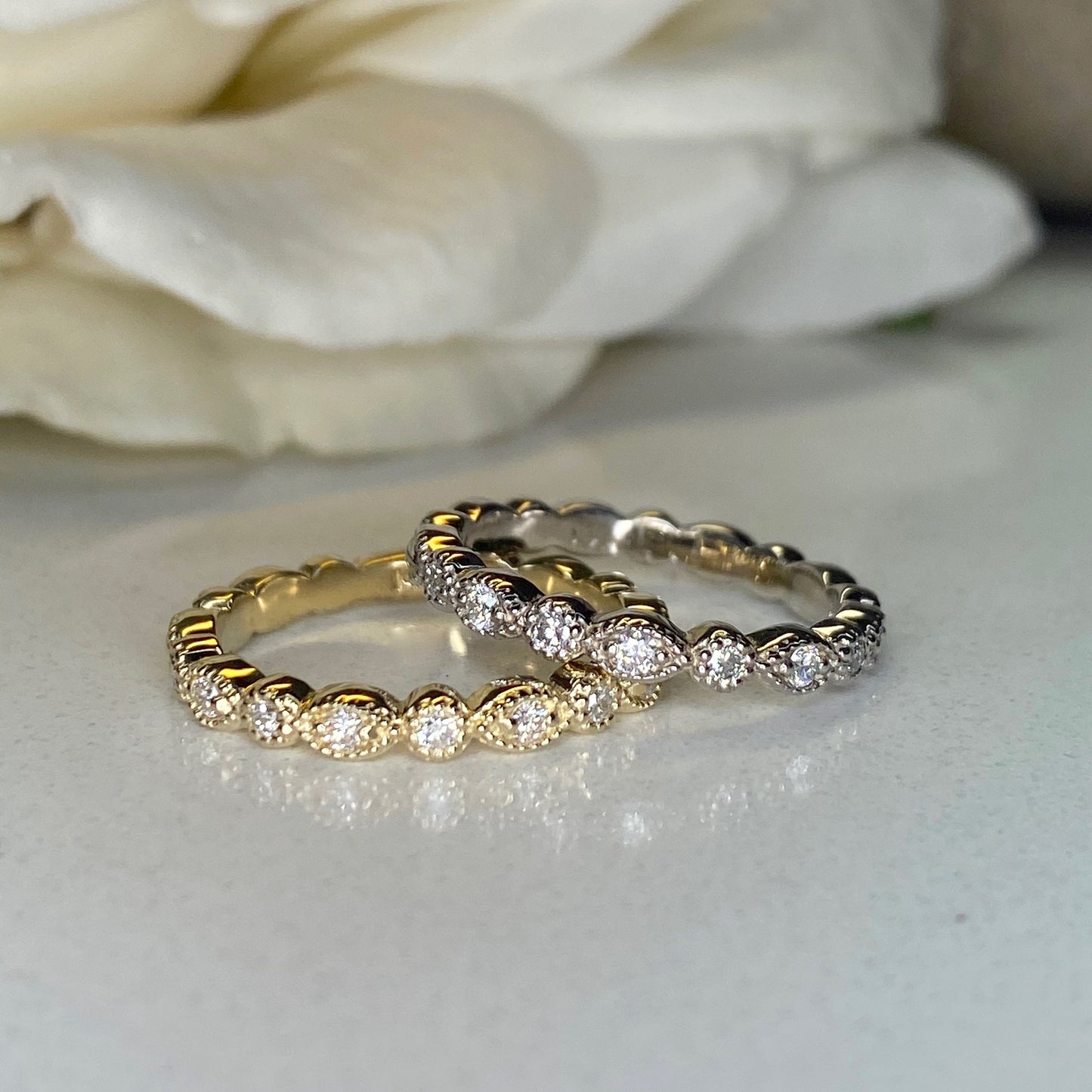 Diamond Vintage Eternity Wedding Band, 14k Yellow Gold Half Eternity Diamond Anniversary Band, Unique Ladies Stackable Diamond Ring    #5261