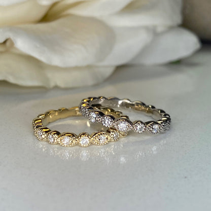 Diamond Vintage Eternity Wedding Band, 14k Yellow Gold Half Eternity Diamond Anniversary Band, Unique Ladies Stackable Diamond Ring    #5261