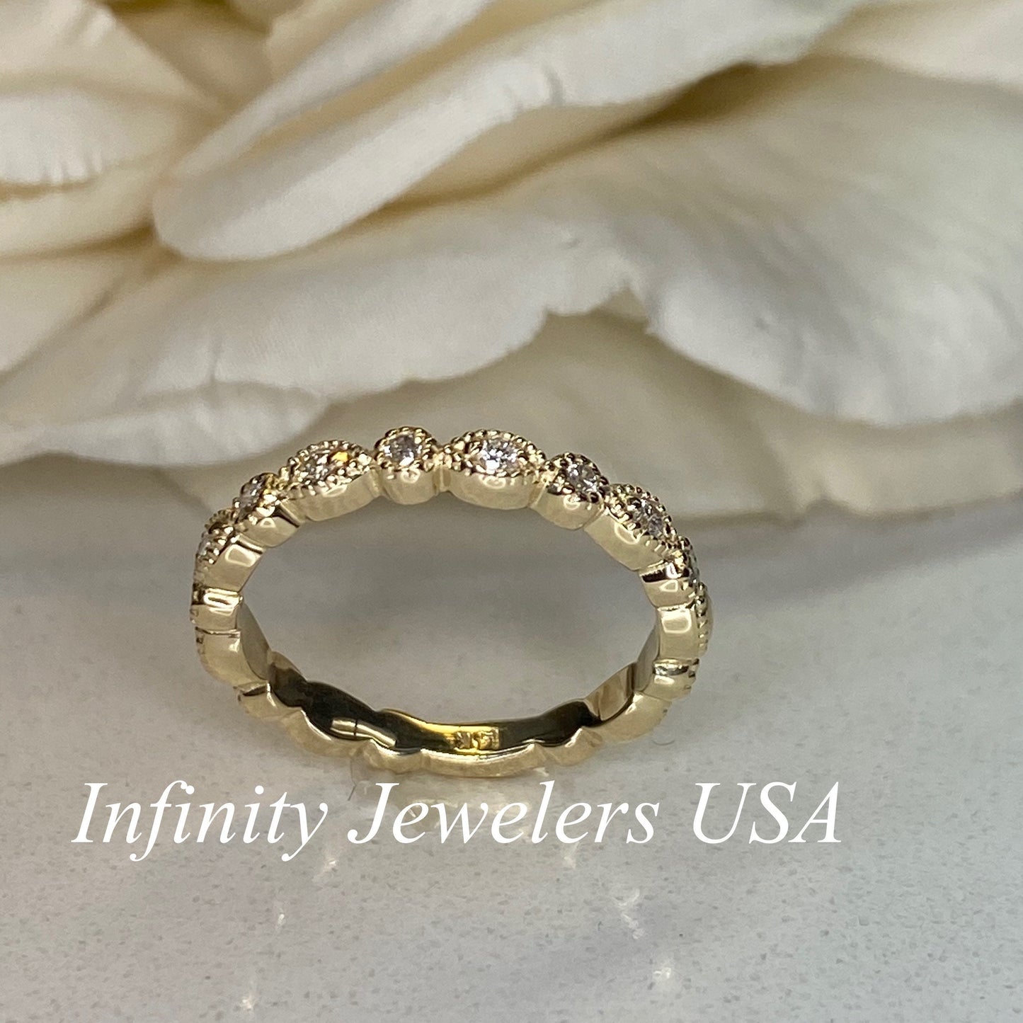 Diamond Vintage Eternity Wedding Band, 14k Yellow Gold Half Eternity Diamond Anniversary Band, Unique Ladies Stackable Diamond Ring    #5261