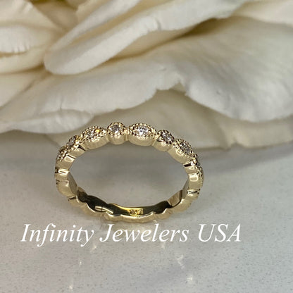 Diamond Vintage Eternity Wedding Band, 14k Yellow Gold Half Eternity Diamond Anniversary Band, Unique Ladies Stackable Diamond Ring    #5261