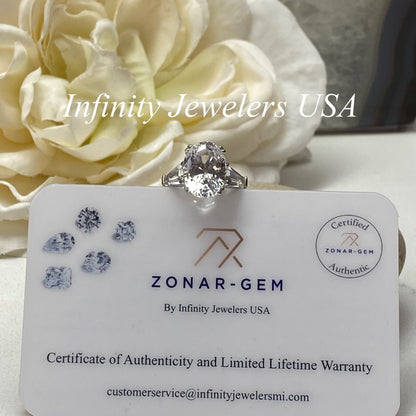 Oval Cut Three Stone Moissanite Engagement Ring, 14k Gold Oval And Trapezoid Moissanite Wedding Ring, Large Oval Cut Statement Ring   #7139
