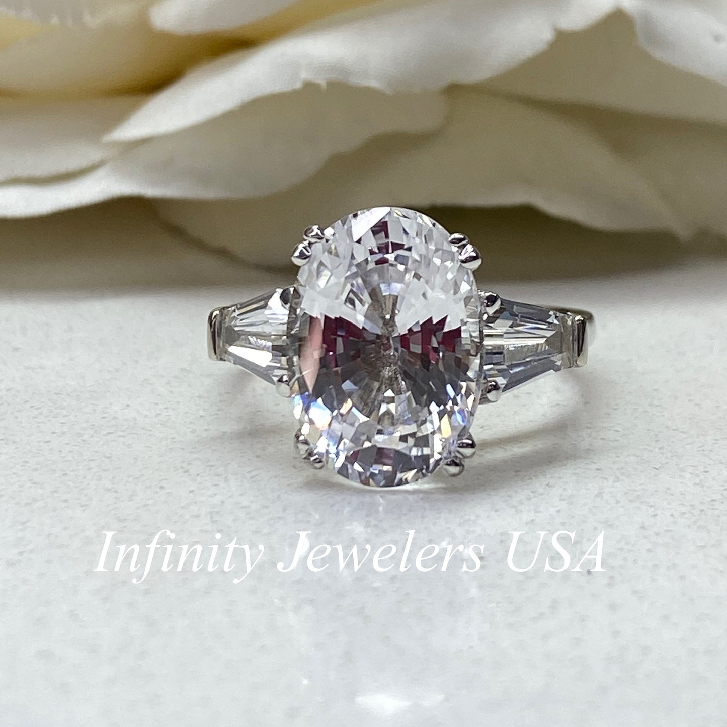 Oval Cut Three Stone Moissanite Engagement Ring, 14k Gold Oval And Trapezoid Moissanite Wedding Ring, Large Oval Cut Statement Ring   #7139