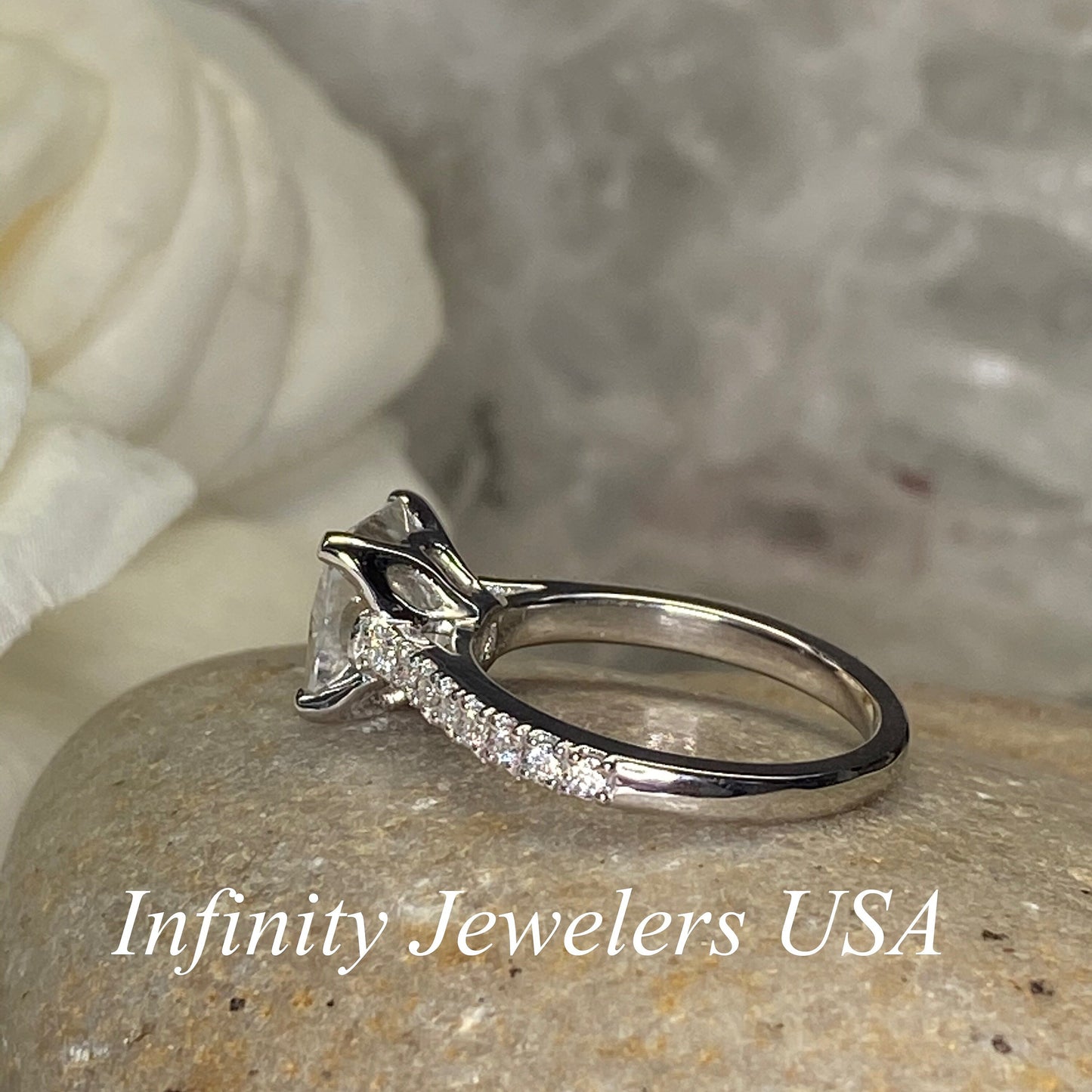 Radiant Cut Moissanite Engagement Ring, Ladies 14k White Gold Radiant Cut And Round Moissanite Wedding Ring, Round Cluster Moissanites #7130