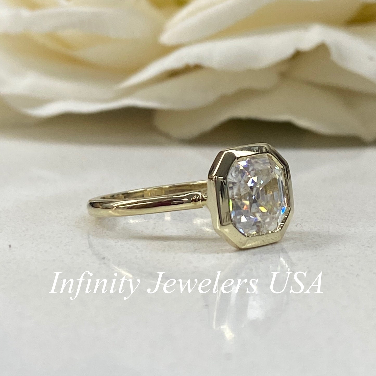 Moissanite Asscher Cut Solitaire Engagement Ring, Asscher Moissanite Bezel Set Wedding Ring, 14k Yellow Gold Solitaire Moissanite Ring #5429
