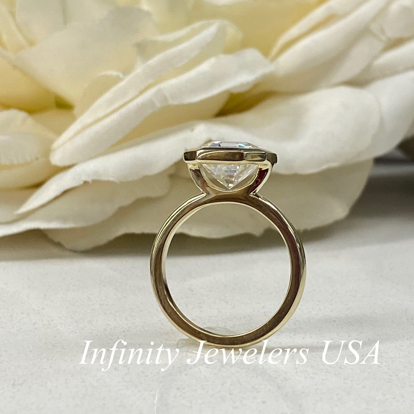Moissanite Asscher Cut Solitaire Engagement Ring, Asscher Moissanite Bezel Set Wedding Ring, 14k Yellow Gold Solitaire Moissanite Ring #5429