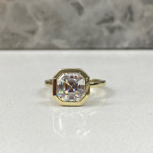 Moissanite Asscher Cut Solitaire Engagement Ring, Asscher Moissanite Bezel Set Wedding Ring, 14k Yellow Gold Solitaire Moissanite Ring #5429