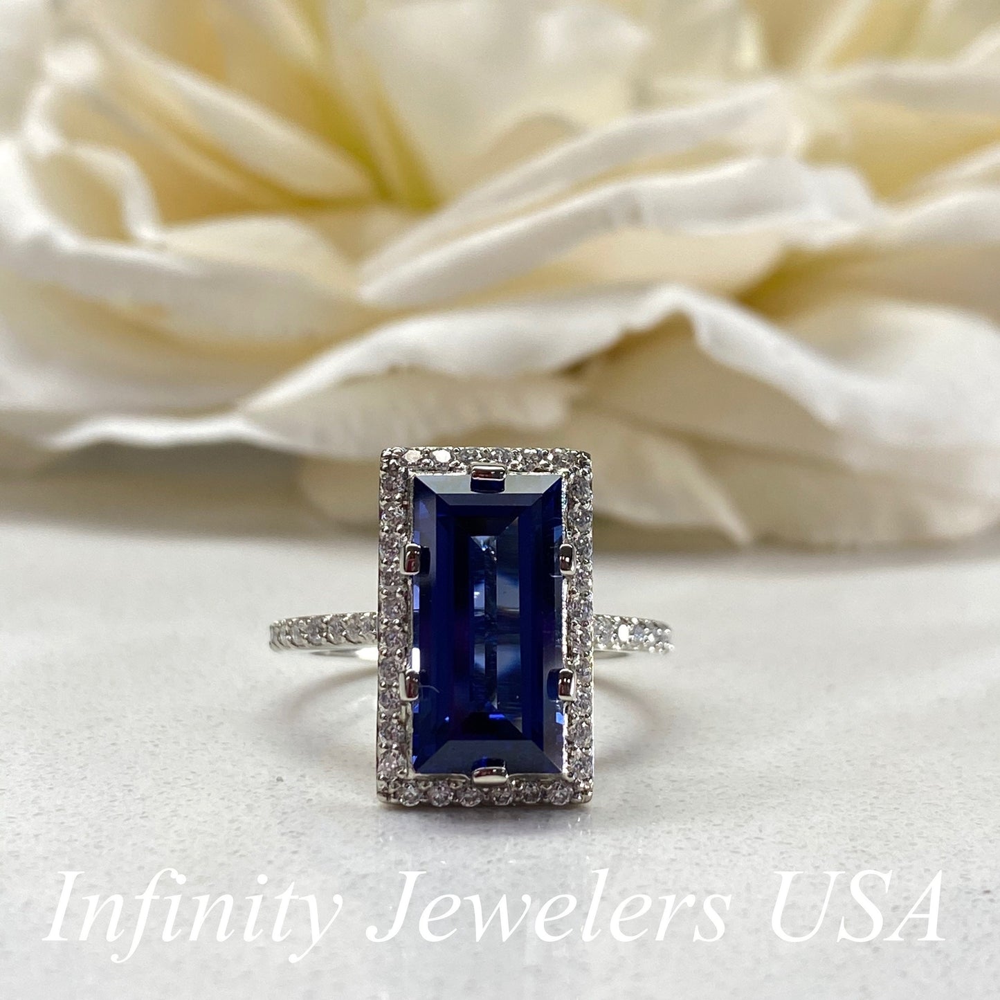 Blue Sapphire Elongated Baguette Moissanite Halo Engagement Ring, Blue Sapphire And Moissanite Wedding Ring, 14k Gold Sapphire Ring    #6315
