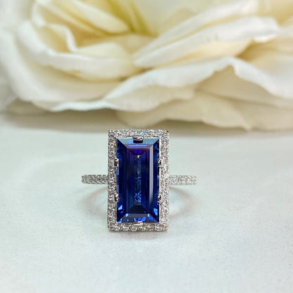 Blue Sapphire Elongated Baguette Moissanite Halo Engagement Ring, Blue Sapphire And Moissanite Wedding Ring, 14k Gold Sapphire Ring    #6315