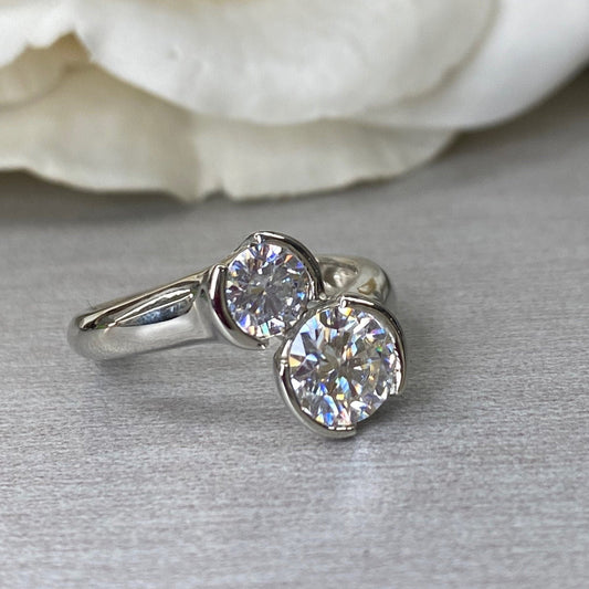 Round Moissanite 2 Stone Engagement Ring,  14k Gold Moissanite Mother's Ring, Forever Us Two Stone Moissanite Wedding Ring For Ladies #7144