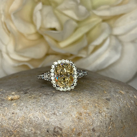 Cushion Cut Yellow Moissanite Halo Engagement Ring, 14k White Gold Elongated Cushion Cut Moissanite Wedding Ring, Moissanite Halo Ring #7133